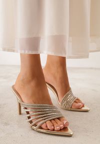 Born2be - Złote Eleganckie Klapki na Szpilce z Paseczkami z Cyrkoniami Naothera. Okazja: na randkę, na wesele, na ślub cywilny. Kolor: złoty. Obcas: na szpilce. Styl: elegancki #5