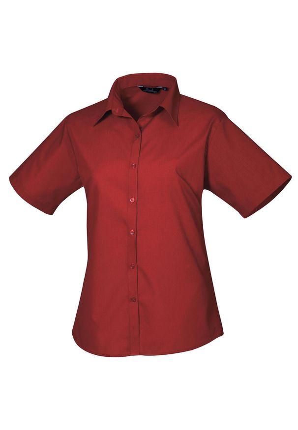 PREMIER - Bluzka Damska Z Krótkim Rękawem Z Popeliny. Kolor: czerwony, wielokolorowy, brązowy. Długość rękawa: krótki rękaw. Długość: krótkie