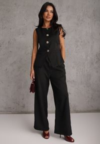 Renee - Czarny Komplet z Bawełną w Garniturowym Stylu Kamizelka i Spodnie Meloreida. Kolor: czarny. Materiał: bawełna. Wzór: gładki #5