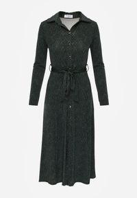 Born2be - Ciemnozielona Rozkloszowana Sukienka Koszulowa z Wiązanym Paskiem Cheresin. Kolor: zielony. Materiał: materiał. Typ sukienki: koszulowe. Długość: midi #7