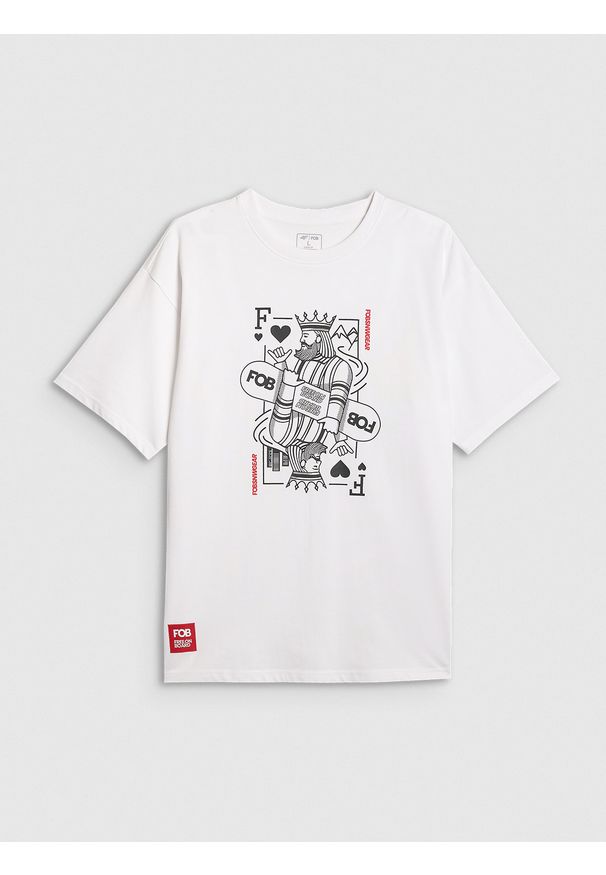 4f - 4F T-shirt loose z nadrukiem męski - biały L. Okazja: na co dzień. Kolor: biały. Materiał: dzianina, bawełna, materiał. Wzór: nadruk. Styl: casual