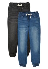 bonprix - Dżinsy z gumką w talii z czystej bawełny, regular fit (2 pary). Okazja: na uczelnię. Kolor: niebieski. Wzór: aplikacja #1