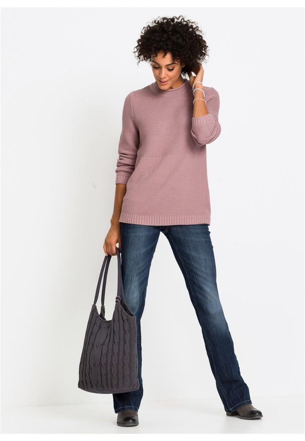 bonprix - Wygodne dżinsy ze stretchem o kroju bootcut, high waist. Okazja: na co dzień. Stan: podwyższony. Kolor: niebieski. Wzór: aplikacja. Styl: casual