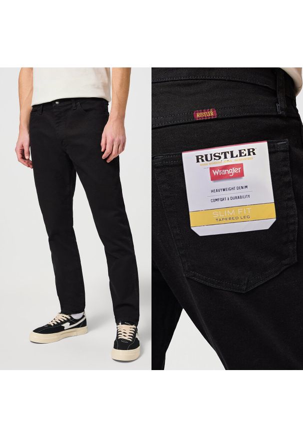 Wrangler - MĘSKIE SPODNIE JEANSOWE WRANGLER RUSTLER SLIM BLACK RINSE CZARNE W10ERD107 112342562. Okazja: na co dzień, do pracy, na spacer. Kolor: czarny. Długość: długie. Sezon: lato. Styl: klasyczny, elegancki, casual