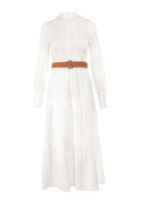 Born2be - Biała Sukienka Z Paskiem Semynome. Kolor: biały. Materiał: tkanina. Wzór: aplikacja, haft. Styl: boho. Długość: midi #2
