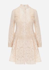 Renee - Jasnobeżowa Rozkloszowana Sukienka Koszulowa Rutty. Okazja: na randkę, na imprezę. Kolor: beżowy. Materiał: tkanina, koronka. Długość rękawa: długi rękaw. Wzór: ażurowy. Typ sukienki: koszulowe. Długość: mini #3