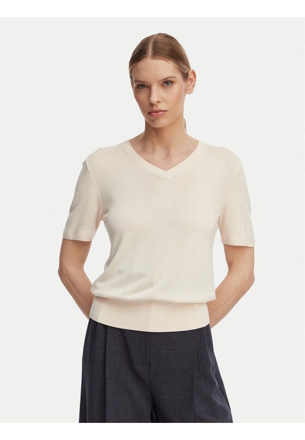 Calvin Klein Sweter LV044F323G Kremowy Regular Fit. Kolor: kremowy. Materiał: wiskoza