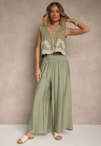 Renee - Jasnozielone Spodnie z Wiskozą o Szerokim Kroju High Waist Orrana. Okazja: na co dzień. Stan: podwyższony. Kolor: zielony. Materiał: wiskoza. Styl: elegancki, casual