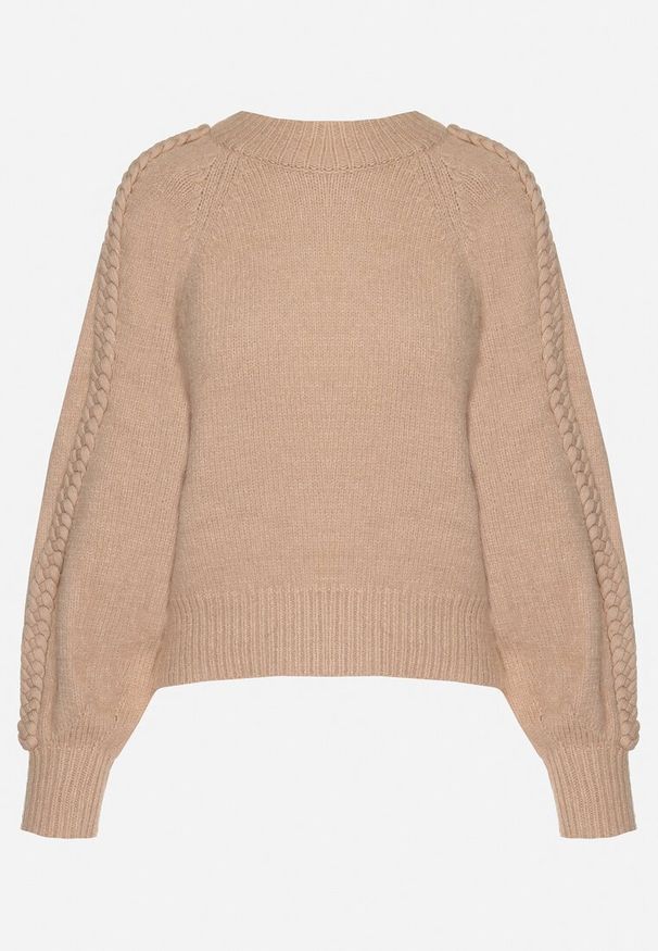 Born2be - Ciemnobeżowy Sweter Półgolf z Wiskozą i Ozdobnym Splotem na Rękawach Sinovira. Kolor: beżowy. Materiał: wiskoza. Wzór: ze splotem. Sezon: zima