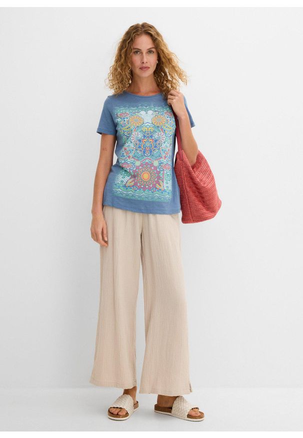 bonprix - T-shirt z czystej bawełny. Kolor: niebieski. Materiał: bawełna. Wzór: nadruk