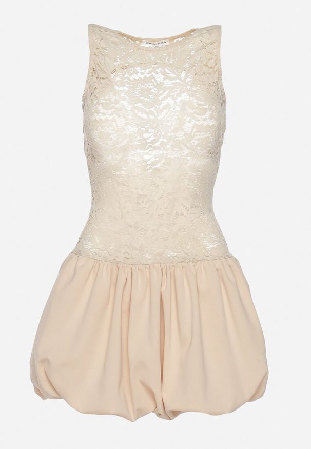 Born2be - Beżowa Sukienka Koktajlowa z Dołem o Fasonie Bombki i Koronkową Górą Pievalia. Okazja: na co dzień. Kolor: beżowy. Materiał: koronka. Typ sukienki: bombki. Styl: wizytowy