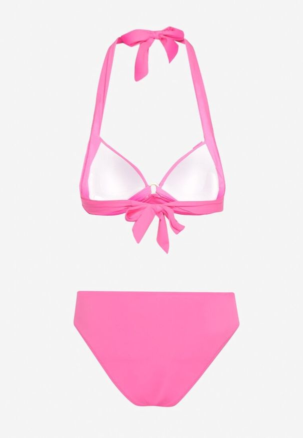 Born2be - Fuksjowe Bikini z Usztywnianym Biustonoszem Wiązanym na Szyi i Plecach Majtki Typu Figi Olilasa. Kolor: różowy. Wzór: aplikacja