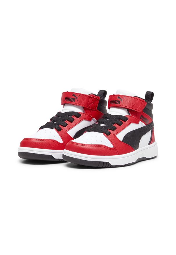 Buty do chodzenia dla dzieci Puma 03 Rebound V6 Mid. Okazja: na co dzień. Wysokość cholewki: za kostkę. Zapięcie: rzepy. Kolor: biały, czerwony, wielokolorowy, czarny. Materiał: guma, materiał, tkanina, syntetyk. Szerokość cholewki: normalna. Sport: turystyka piesza