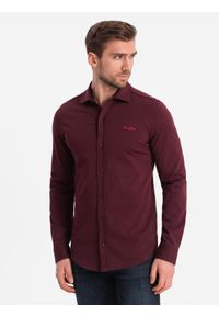 Ombre Clothing - Bawełniana męska koszula REGULAR z dzianiny single jersey - bordowa V3 OM-SHCS-0138 - XXL. Kolor: czerwony. Materiał: bawełna, dzianina, jersey. Wzór: haft, kolorowy #7