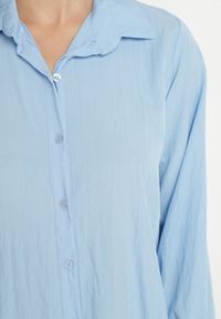 Born2be - Niebieska Sukienka z Wiskozą o Koszulowym Kroju z Falbanką Penzedi. Okazja: na co dzień. Typ kołnierza: kołnierzyk klasyczny. Kolor: niebieski. Materiał: wiskoza. Długość rękawa: długi rękaw. Typ sukienki: koszulowe. Styl: klasyczny, casual, elegancki #3