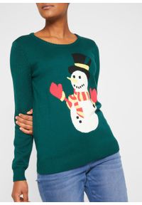 Sweter bożonarodzeniowy "Bałwanek" bonprix głęboki zielony wzorzysty. Kolor: zielony #4