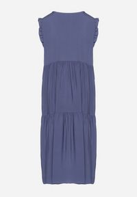 Born2be - Niebieska Bawełniana Sukienka Ozdobiona Falbankami Aveliova. Okazja: na co dzień, na spacer, na imprezę. Typ kołnierza: kołnierz z falbankami. Kolor: niebieski. Materiał: bawełna. Wzór: aplikacja. Typ sukienki: proste. Styl: casual, elegancki. Długość: midi #3