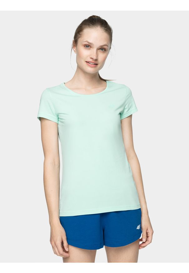 4f - T-shirt regular gładki damski. Kolor: turkusowy. Materiał: bawełna. Wzór: gładki