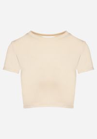 Born2be - Beżowy T-shirt z Wiskozą o Dopasowanym Kroju Typu Crop Top Folirra. Okazja: na co dzień. Kolor: beżowy. Materiał: wiskoza. Styl: klasyczny, casual #4
