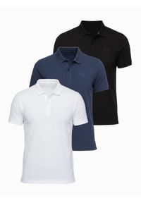 Ombre Clothing - Komplet męskich bawełnianych t-shirtów polo BASIC – czarny/granatowy/biały V1 - Rozmiar: S. Okazja: na co dzień. Typ kołnierza: polo. Kolor: biały. Materiał: bawełna. Długość rękawa: krótki rękaw. Długość: krótkie. Wzór: haft. Styl: casual, klasyczny #1