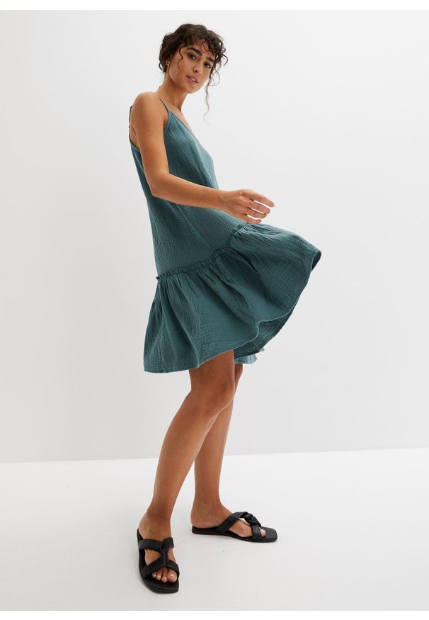 bonprix - Sukienka muślinowa na ramiączkach. Kolor: zielony. Długość rękawa: na ramiączkach