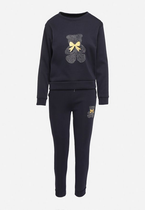 Born2be - Granatowy Bawełniany Komplet Dresowy z Ociepleniem i Misiem Bluza i Spodnie z Gumką w Pasie Nelasina. Kolor: niebieski. Materiał: bawełna, dresówka. Wzór: aplikacja