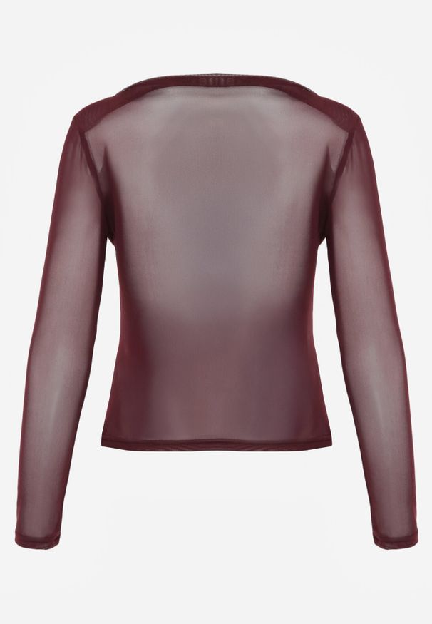 Born2be - Bordowa Bluzka Siateczkowa z Marszczeniem i Kwiatową Aplikacją Nelimor. Okazja: na co dzień. Kolor: czerwony. Materiał: jeans, bawełna. Wzór: kwiaty, aplikacja. Styl: casual, elegancki