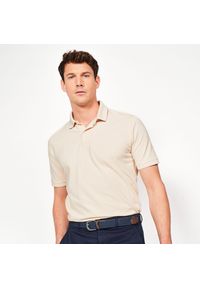 INESIS - Koszulka polo do golfa z krótkim rękawem męska Inesis MW500. Typ kołnierza: golf, polo. Kolor: beżowy. Materiał: bawełna, poliester, materiał. Długość rękawa: krótki rękaw. Długość: krótkie. Styl: sportowy, klasyczny