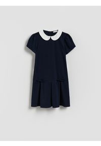 Reserved - Sukienka z kokardkami - granatowy. Typ kołnierza: kokarda. Kolor: niebieski. Materiał: wiskoza, dzianina #1
