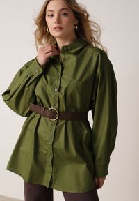 Born2be - Zielona Długa Koszula Oversize z Bawełny i Wiskozy z Paskiem z Klamrą Thessalonike. Okazja: na co dzień. Kolor: zielony. Materiał: bawełna, wiskoza. Długość: długie. Styl: casual #1