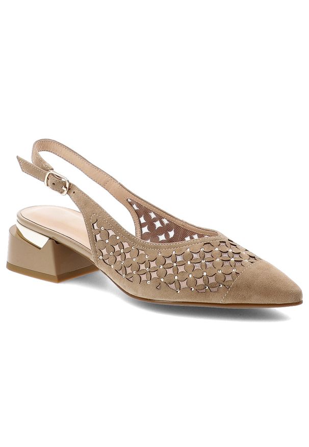 Czółenka damskie S.Barski, cholewka ze skóry naturalnej spiczasty nosek i geometryczny obcas, beżowe, CR61-3004. Kolor: beżowy. Materiał: skóra. Szerokość cholewki: normalna. Wzór: geometria. Obcas: na obcasie. Wysokość obcasa: średni