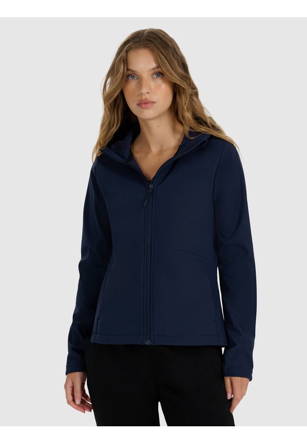 4f - 4F Kurtka softshell wiatroodporna membrana 5000 damska - granatowa XL. Typ kołnierza: kaptur. Kolor: niebieski. Materiał: softshell. Technologia: Windstopper. Sezon: zima