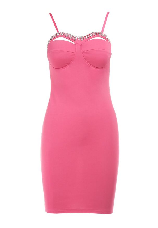 Born2be - Fuksjowa Sukienka Aedarpia. Typ kołnierza: dekolt kwadratowy. Kolor: różowy. Długość rękawa: na ramiączkach. Wzór: aplikacja. Typ sukienki: dopasowane. Styl: elegancki, wizytowy. Długość: mini