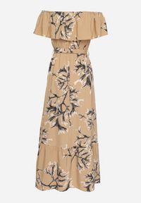 Born2be - Ciemnobeżowa Sukienka Hiszpanka o Rozkloszowanym Kroju z Wiązanym Paskiem Sesiniela. Okazja: na co dzień. Typ kołnierza: dekolt hiszpanka. Kolor: beżowy. Typ sukienki: rozkloszowane. Styl: casual, elegancki #2