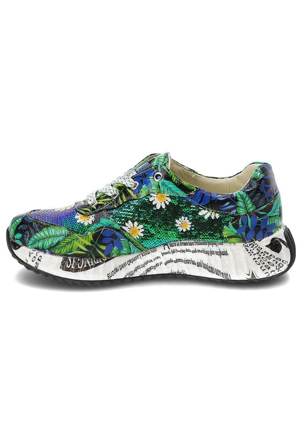 Zielone Sneakersy Laura Vita Stylowe Obuwie Damskie. Okazja: na co dzień. Kolor: zielony. Materiał: materiał, skóra. Szerokość cholewki: normalna. Wzór: kolorowy, kwiaty, nadruk. Sezon: wiosna. Obcas: na platformie. Styl: elegancki