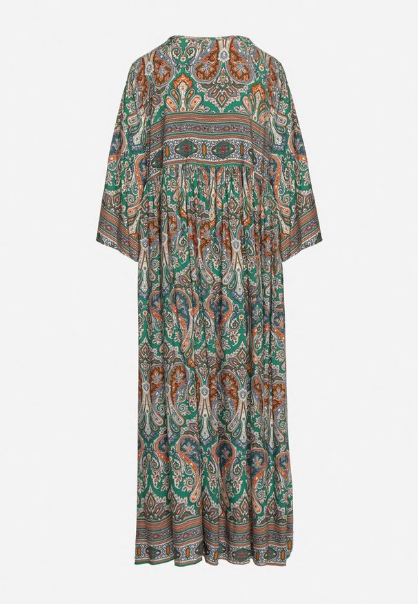 Born2be - Zielona Długa Sukienka Rozkloszowana z Rękawami 3/4 we Wzór Paisley Amarethia. Kolor: zielony. Wzór: paisley. Styl: boho. Długość: maxi