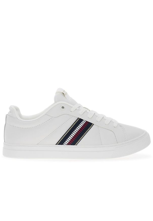 TOMMY HILFIGER - Buty Tommy Hilfiger Icon Court Sneakers Stripes FW0FW08110-YBL - białe. Okazja: na co dzień. Zapięcie: sznurówki. Kolor: biały. Materiał: skóra, guma, poliester. Szerokość cholewki: normalna. Wzór: aplikacja. Obcas: na platformie. Sport: turystyka piesza