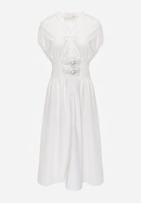 Renee - Biała Sukienka na Guziki z Gorsetowym Panelem z Klamrami w Talii Frose. Typ kołnierza: dekolt gorset. Kolor: biały. Typ sukienki: gorsetowe. Długość: midi #4