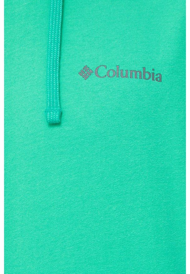 columbia - Columbia bluza męska kolor turkusowy z kapturem z nadrukiem. Okazja: na co dzień. Typ kołnierza: kaptur. Kolor: zielony. Materiał: dzianina. Wzór: nadruk. Styl: casual