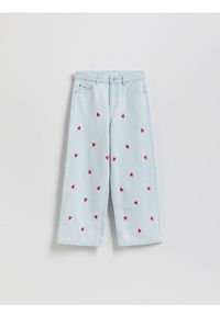 Reserved - Jeansy wide leg z haftem - niebieski. Kolor: niebieski. Wzór: haft #1