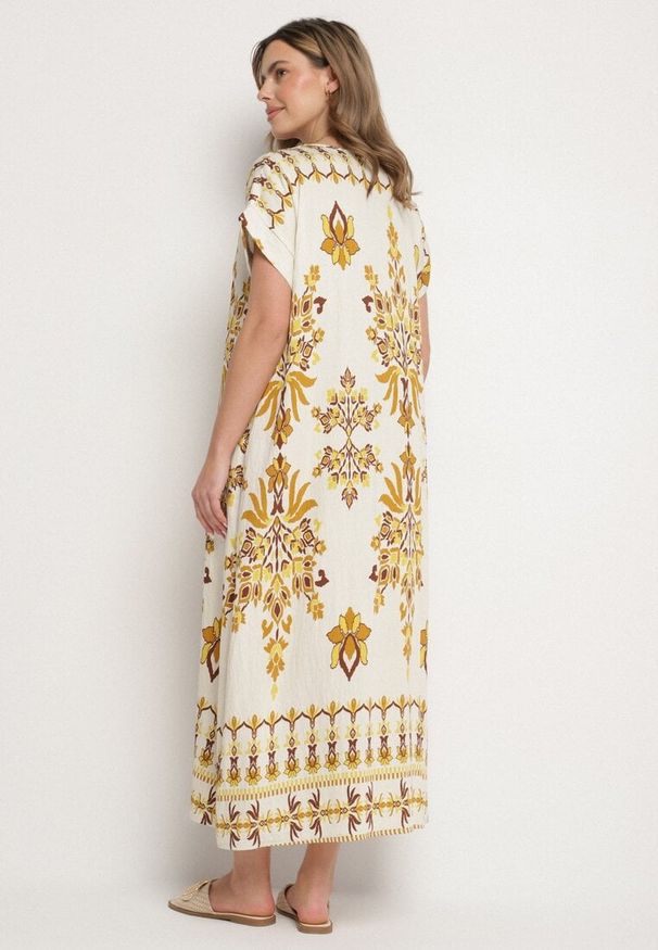 Born2be - Żółta Sukienka z Lnem o Pudełkowym Kroju z Dekoltem w Serek Iffire. Okazja: na co dzień, do pracy, na spotkanie biznesowe. Typ kołnierza: dekolt w serek. Kolor: żółty. Materiał: len. Długość rękawa: krótki rękaw. Styl: biznesowy, casual, elegancki