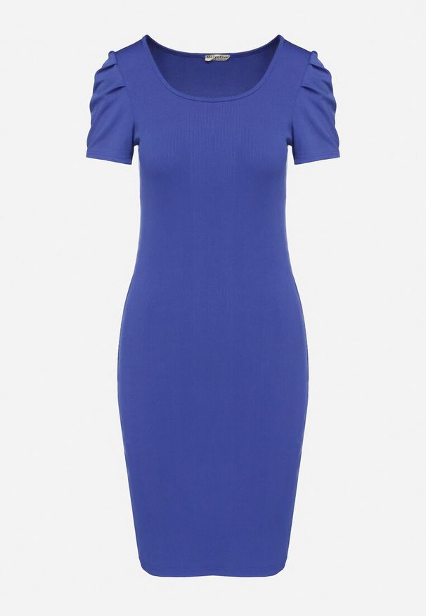 Born2be - Niebieska Sukienka o Dopasowanym Kroju z Bufiastymi Rękawami Aravitia. Okazja: na co dzień. Kolor: niebieski. Typ sukienki: dopasowane, proste. Styl: casual