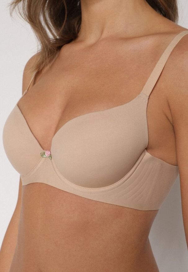 Renee - Beżowy Gładki Biustonosz z Efektem Push-up Theisithea. Kolor: beżowy. Materiał: jeans. Rodzaj stanika: push-up. Wzór: gładki