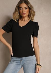 Renee - Czarny T-shirt z Trójkątnym Dekoltem Sunille. Okazja: na co dzień. Kolor: czarny. Materiał: jeans. Styl: casual
