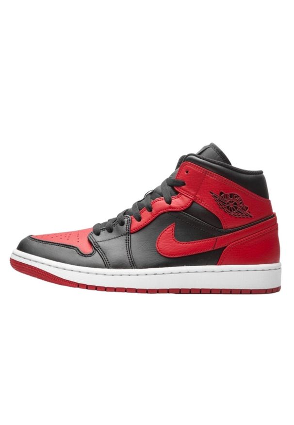 Buty koszykarskie męskie Nike Air Jordan 1 Mid. Wysokość cholewki: za kostkę. Zapięcie: sznurówki. Kolor: czerwony. Materiał: materiał. Szerokość cholewki: normalna. Model: Nike Air Jordan. Sport: koszykówka