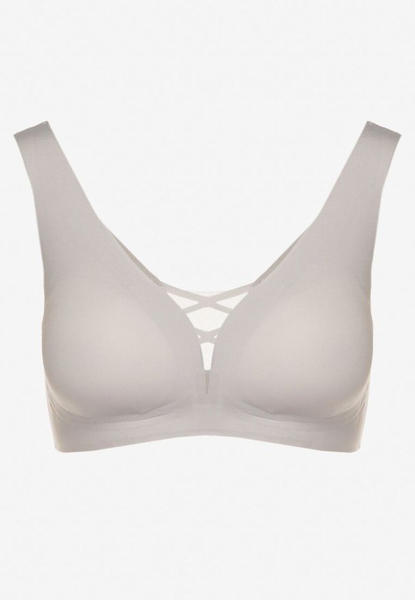 Born2be - Szary Biustonosz Sportowy z Siateczką i Gorsetowym Zdobieniem Saliatessa. Kolor: szary. Rodzaj stanika: wyciągane miseczki. Wzór: aplikacja