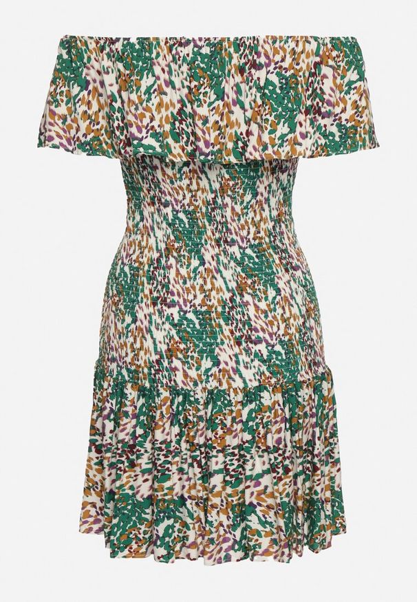 Born2be - Zielona Sukienka Hiszpanka Mini z Elastycznej Wiskozy Zamra. Typ kołnierza: dekolt hiszpanka. Kolor: zielony. Materiał: wiskoza. Sezon: lato. Długość: mini