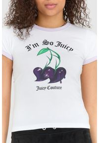 Juicy Couture - JUICY COUTURE Biały t-shirt damski z wisienkami slim. Kolor: biały