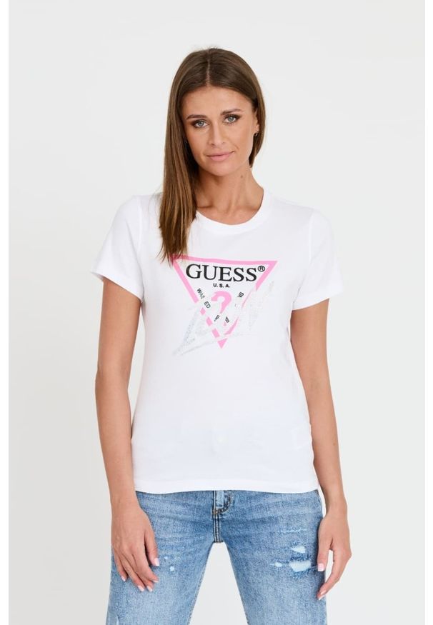 Guess - GUESS Biały damski T-shirt bawełniany Icon Tee, Rozmiar S. Kolor: biały. Materiał: bawełna