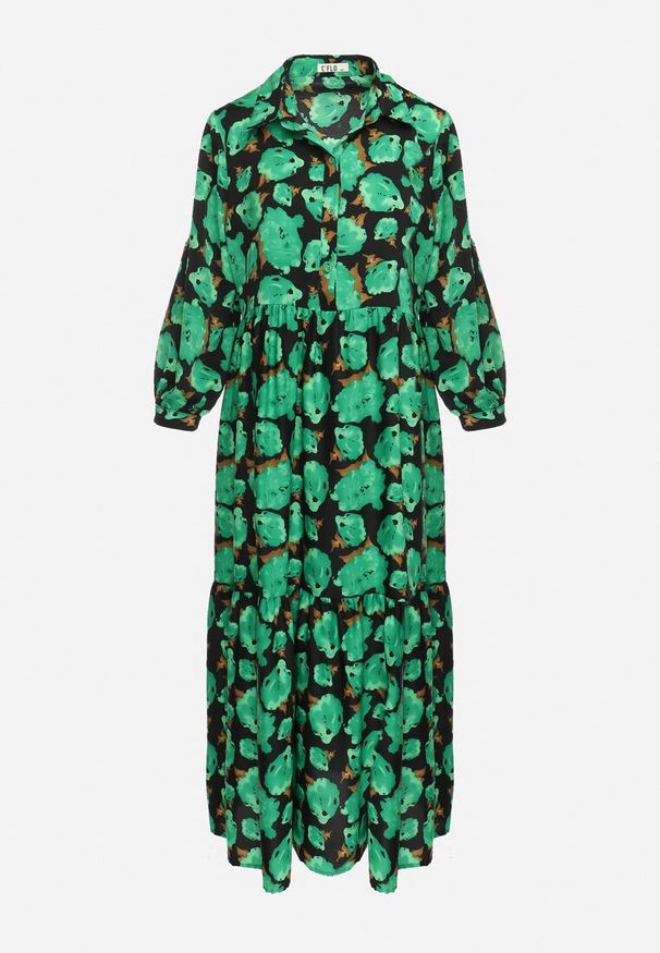 Born2be - Zielono-Czarna Rozkloszowana Sukienka Maxi w Abstrakcyjne Kwiaty z Guzikami Przy Dekolcie Millara. Kolor: zielony. Długość rękawa: długi rękaw. Wzór: kwiaty. Długość: maxi